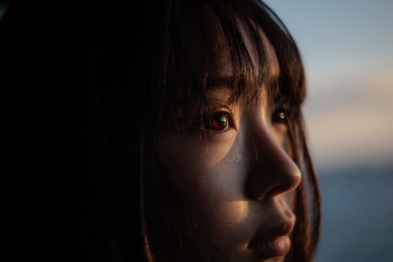 Close-up of a person's face with long dark hair, looking thoughtfully into the distance. Warm sunlight highlights their eye and part of their face, creating a soft and contemplative mood.