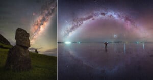 Left: A Moai statue from Easter Island beneath a vivid, starry Milky Way sky. Right: A person stands on a reflective salt flat, with an arched Milky Way overhead, creating a symmetrical celestial scene.