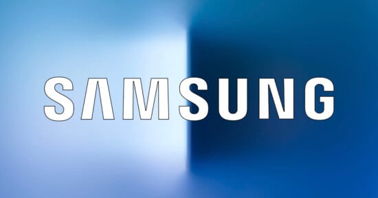 White "SAMSUNG" text is centered on a blue gradient background, with a bright light in the middle creating a shadowed effect on the right side. The "A" in "SAMSUNG" is stylized as an inverted "V".